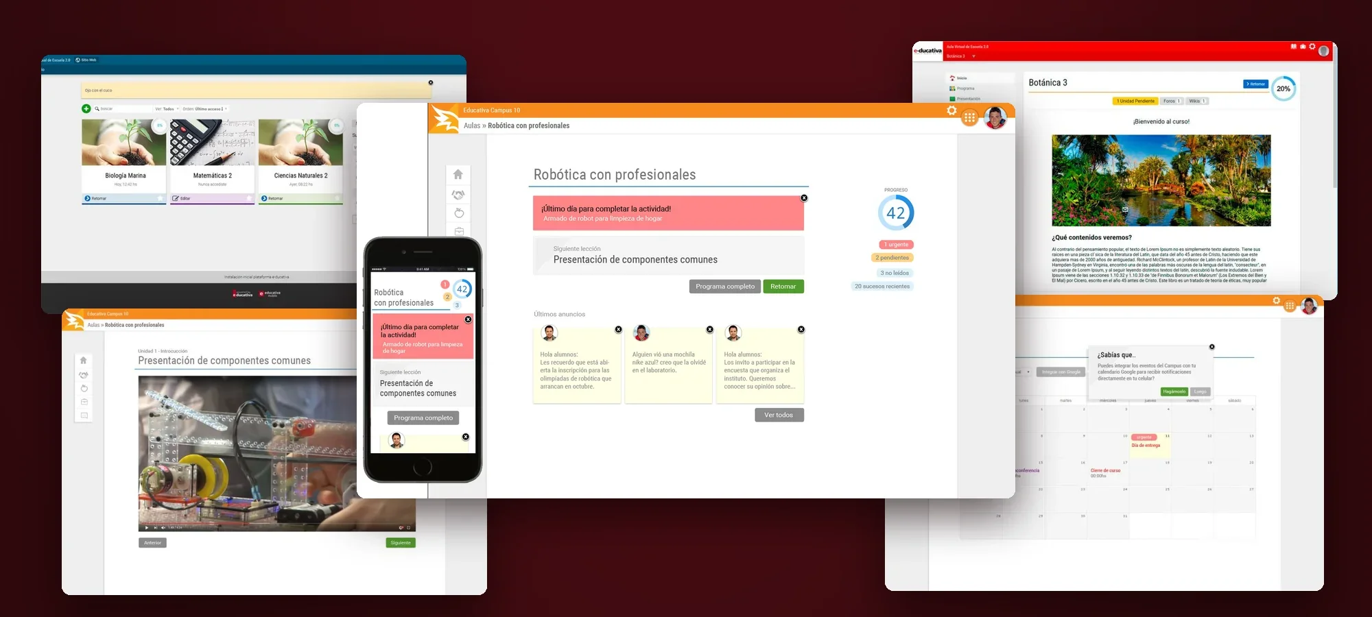 Educativa e-learning platforms: course home on desktop and mobile, lessons, calendar and course listings