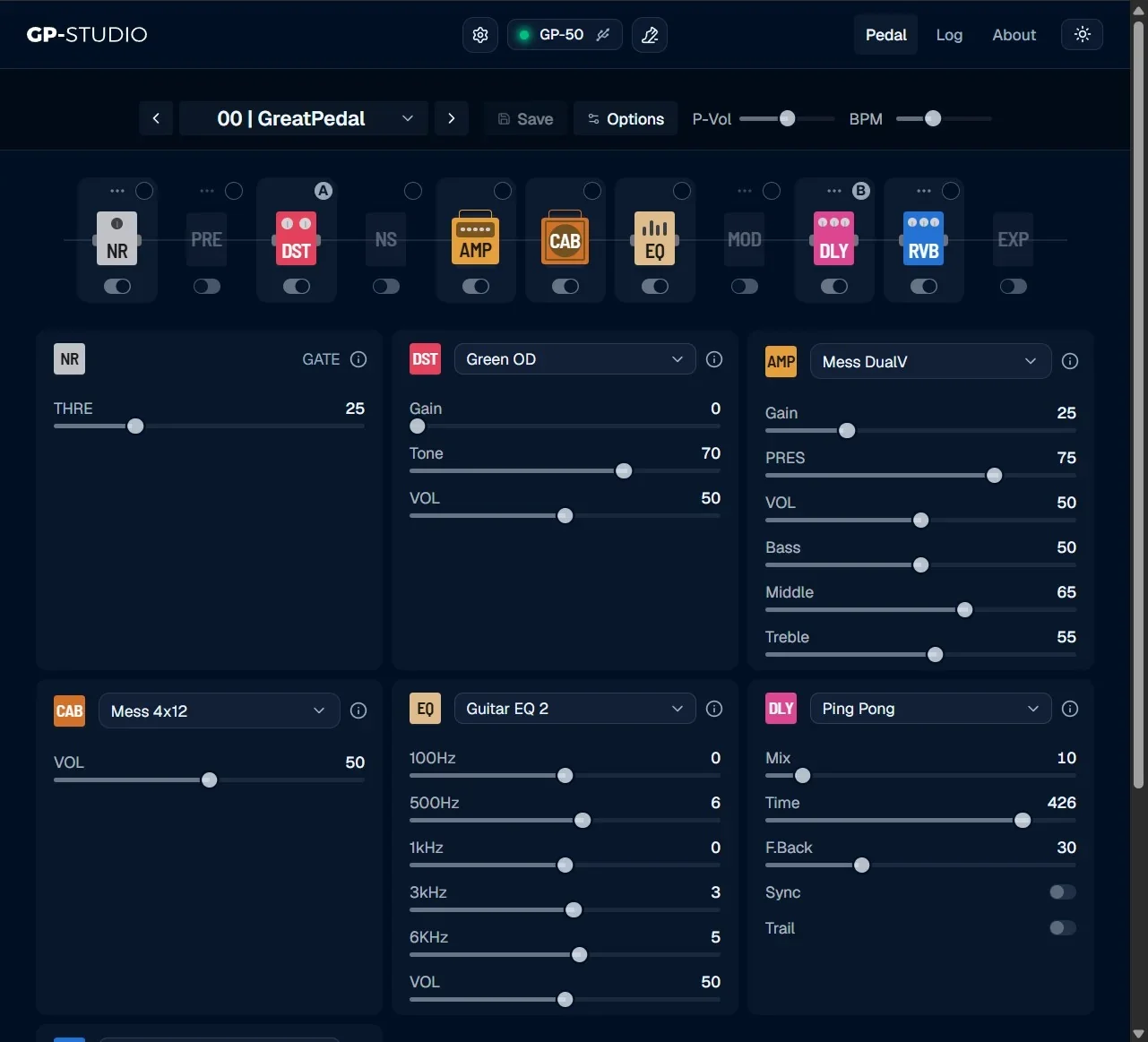 GP Studio on desktop: the full signal chain and every module's settings on one screen