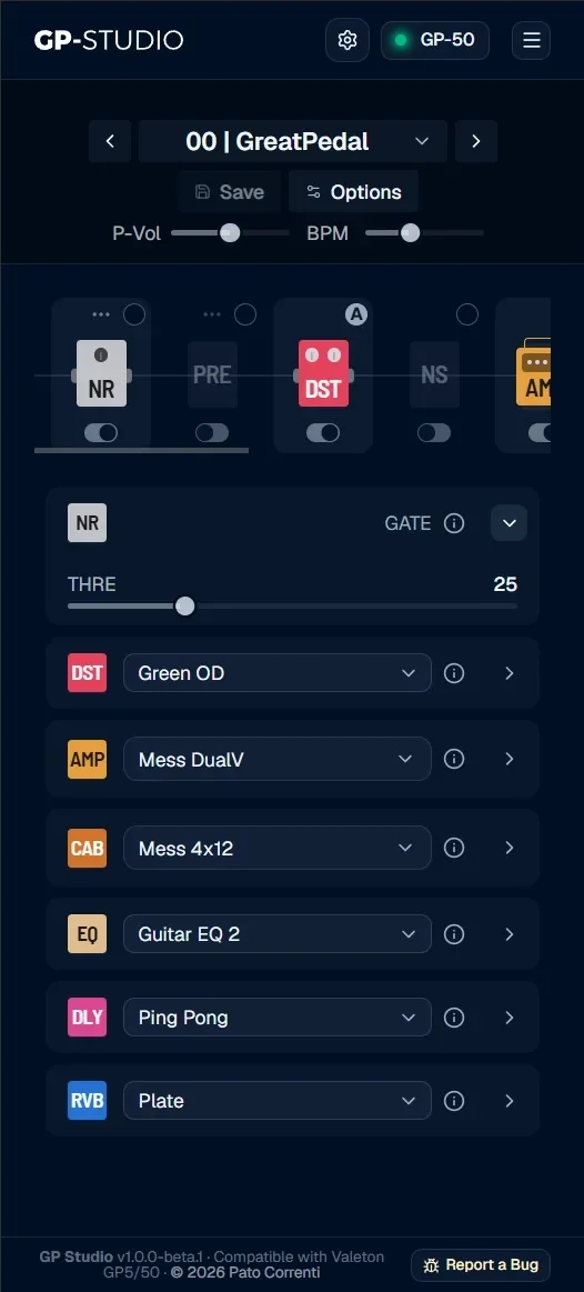 GP Studio on mobile: signal chain and collapsible module list